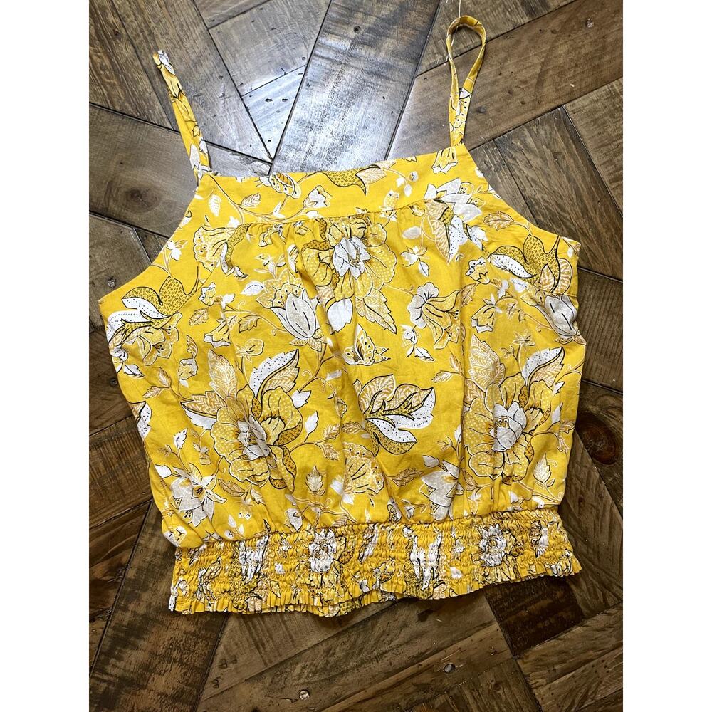 LOFT Outlet Yellow Floral Butterfly 100% Cotton Smocked Tank Top Blouse sz xs